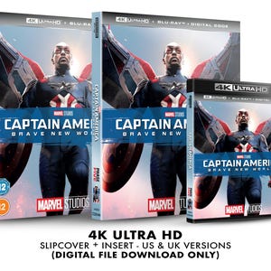 May include: A 4K Ultra HD Blu-ray slipcover for Captain America: Brave New World. The slipcover features a red, white, and blue design with a close-up of Captain America in his new suit.