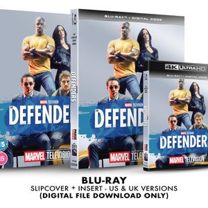 May include: Blu-ray and 4K Ultra HD box sets for the Marvel Television series "Defenders." The covers feature images of the main characters. The text on the box reads "Defenders" and "Marvel Television."