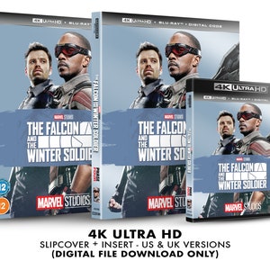 Op de afbeelding: Een 4K Ultra HD Blu-ray disc slipcover voor de Marvel Studios film "The Falcon and the Winter Soldier". De slipcover heeft een blauwe achtergrond met de titel van de film en een foto van de hoofdpersonen, Sam Wilson en Bucky Barnes, die hun superheldenpakken dragen.
