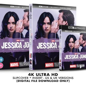 Può includere: Una custodia per disco Blu-ray 4K Ultra HD per la prima stagione della serie televisiva Marvel Jessica Jones. La custodia presenta uno sfondo viola con il titolo e il logo dello show in bianco. L'immagine mostra Jessica Jones e Luke Cage, con il viso di Jessica parzialmente oscurato dalla mano di Luke. La custodia include anche il logo Marvel Television e una classificazione 15+.