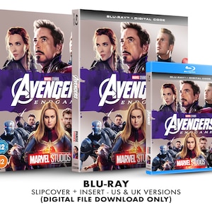 Może przedstawiać: Etui na płytę Blu-ray z fioletowym i czarnym tłem, przedstawiające tytuł filmu Avengers Endgame i jego bohaterów. Etui zawiera okładkę i wkładkę. Etui jest przeznaczone dla wersji amerykańskiej i brytyjskiej.