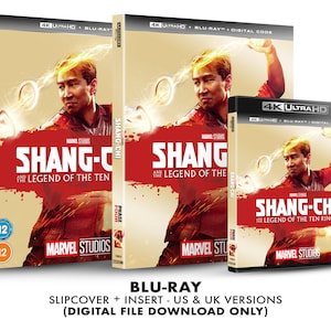 Op de afbeelding: Een Blu-ray-dischuiver voor de Marvel Studios-film Shang-Chi and the Legend of the Ten Rings. De hoes is rood en goud met een afbeelding van de hoofdpersoon, Shang-Chi, op de voorkant. De tekst "Shang-Chi and the Legend of the Ten Rings" is in wit op de hoes gedrukt.