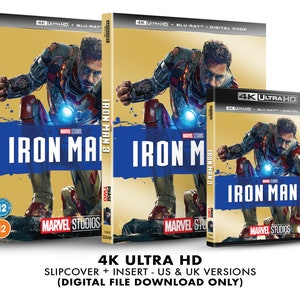 May include: A 4K Ultra HD Blu-ray disc slipcover and insert for the movie Iron Man 3. The slipcover features a gold background with a blue and white title card. The insert features a close-up of Robert Downey Jr. as Iron Man in a red and gold suit.
