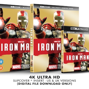 May include: A 4K Ultra HD Blu-ray disc slipcover and insert for the movie Iron Man 2. The slipcover features a gold background with the movie title and Marvel Studios logo. The insert features a close-up of Iron Man in his red and gold suit.