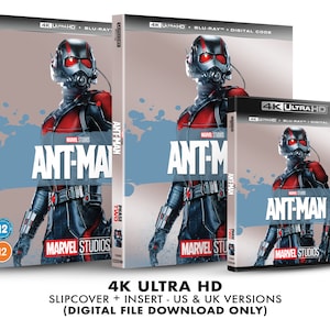 May include: A 4K Ultra HD Blu-ray disc case for the movie Ant-Man, featuring a close-up of the character Ant-Man in his suit. The case is silver with a blue and white design. The text "Ant-Man" is printed in white on the case.