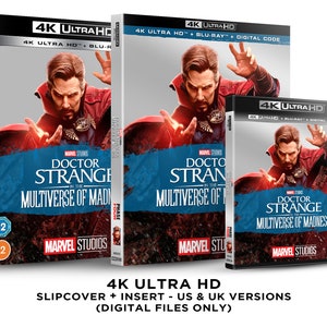May include: A 4K Ultra HD Blu-ray disc case for the film Doctor Strange in the Multiverse of Madness. The case is silver with a red and blue design. The front of the case features a photo of Doctor Strange with his hands raised in a magical pose. The case also includes a slipcover and insert.