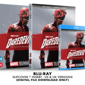 May include: A Blu-ray disc set of the Marvel Television series Daredevil, featuring the complete third season. The cover art features a red-suited Daredevil character with a red and black background. The set includes a slipcover and insert, and a digital code for downloading the series.