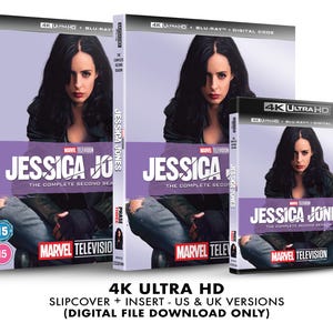 May include: A 4K Ultra HD Blu-ray disc set of the complete second season of the Marvel Television series Jessica Jones. The cover features a close-up of the main character, Jessica Jones, in a leather jacket and jeans. The title "Jessica Jones" is prominently displayed on the cover, along with the Marvel Television logo.