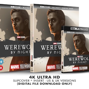 May include: A 4K Ultra HD Blu-ray slipcover for the Marvel Television series "Werewolf by Night". The slipcover features a dark background with a shadowy figure of a man with a werewolf-like face. The title "Werewolf by Night" is printed in white letters on the slipcover.