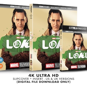 May include: A 4K Ultra HD Blu-ray disc case with a slipcover and insert for the Marvel Television series "Loki". The case features a green and black design with the show's logo and a photo of Tom Hiddleston as Loki.