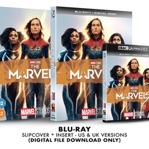 Puede incluir: Tres discos Blu-ray con la película de Marvel Studios "The Marvels". Los discos están en una funda con fondo negro y el título de la película en blanco. La funda también presenta imágenes de los tres personajes principales de la película.