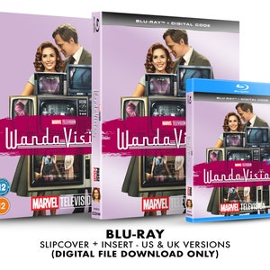 May include: A Blu-ray disc case with a slipcover and insert for the Marvel television series WandaVision. The case features a pink background with a photo of Elizabeth Olsen and Paul Bettany as Wanda Maximoff and Vision. The text "WandaVision" is in large, bold letters on the case. The case also includes the Marvel logo and the text "Phase Four".