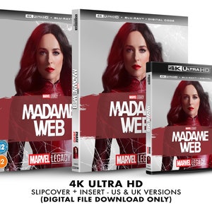 May include: A 4K Ultra HD Blu-ray disc case with a red and black design featuring a woman in a red suit with a spiderweb pattern. The case has the title "Madame Web" and the Marvel Legacy logo. The case is for a digital download only.
