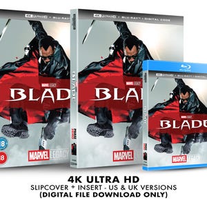 Può includere: Una custodia per disco Blu-ray 4K Ultra HD per il film Blade. La custodia è argentata con un'immagine rossa e nera del personaggio principale, Blade, sul davanti. La custodia presenta anche il logo Marvel Legacy e il testo "Phase Zero".