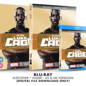 May include: A Blu-ray disc set of the first season of the Marvel Television series "Luke Cage". The cover features a close-up of the main character, Luke Cage, with the show's title and logo. The set includes a slipcover, insert, and a digital code.