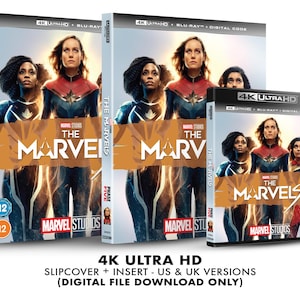 May include: A 4K Ultra HD Blu-ray slipcover for the movie "The Marvels" featuring three female superheroes in colorful costumes. The slipcover has a gold background with the movie title in black text. The slipcover is for the US and UK versions of the movie.