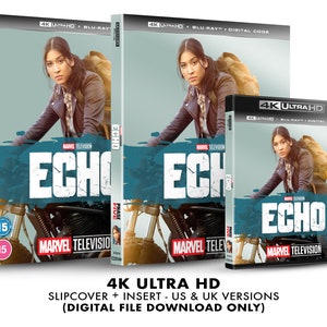 May include: A 4K Ultra HD Blu-ray disc slipcover and insert for the Marvel Television series "Echo". The slipcover features a woman on a motorcycle with the title "Echo" in large white letters. The insert features the same image with the title "Echo" in smaller white letters. The slipcover and insert are both blue and green.