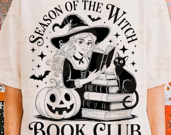 魔女の季節 読書クラブ SVG PNG、ハロウィン読書クラブ、ハロウィン魔女猫デザイン、秋の読書好き SVG カットファイル、秋の読書シャツ