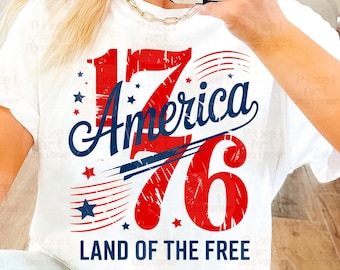 1776 América, Tierra de los PNG gratis, Diseño de sublimación patriótico del 4 de julio, Día de la Independencia de EE. UU., Clipart vintage desgastado rojo, blanco y azul