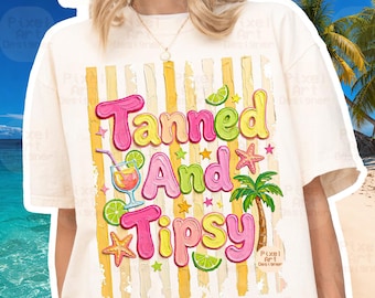 Tanned And Tipsy PNG, Tropical Oil Impasto Beach Party Graphic (Digital Download)