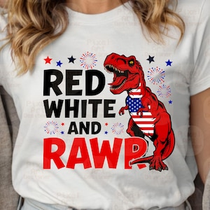 Dinossauro Patriótico PNG, T-Rex Rawr Png, T-Rex Vermelho Branco Azul Sublimação para Crianças, EUA Fogos de Artifício 4 de Julho Design de Camisa Vermelho Branco e Rawr