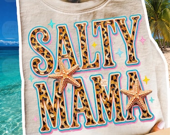 Salty Mama PNG, Beach Mama Sublimation Design, Leopard Print Summer Graphic, Coastal Vacation Shirt Digital Download