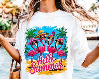 Flamingos Hello Summer Png, Cute Flamingo Beach Shirt Design, Tropical Sunglasses Graphic for Sublimation Projects, Funny Vacation Png