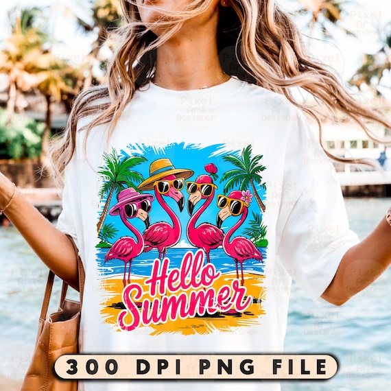 Flamingos Hello Summer Png, Cute Flamingo Beach Shirt Design, Tropical Sunglasses Graphic for Sublimation Projects, Funny Vacation Png
