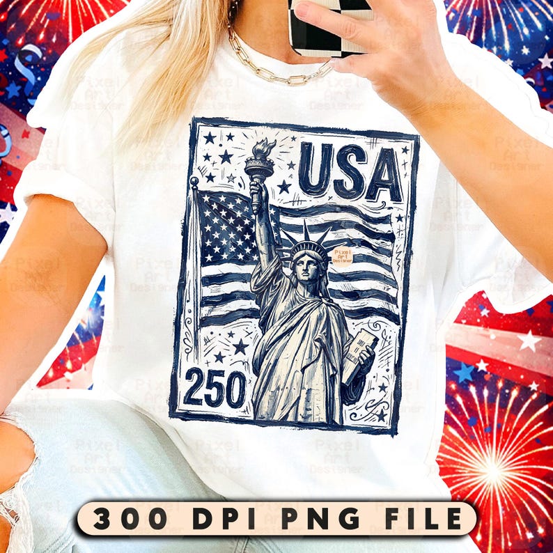 Może przedstawiać: Biała koszulka z niebiesko-białą grafiką przedstawiającą Statuę Wolności, amerykańską flagę i napis "USA". Grafika zawiera r&oacute;wnież liczbę "250". Na dole koszulki znajduje się napis "300 DPI PNG FILE".