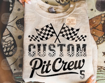 Custom Name Pit Crew SVG PNG Design, Checkered Flags Graphic for Sublimation, Editable Motorsports File, Race Mom Svg, Race Player Svg