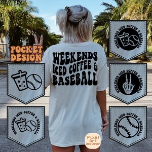 May include: Cream-colored t-shirt with the text "Weekends Iced Coffee & Baseball" in black. The shirt features a pocket design with baseball and iced coffee graphics. The shirt is a casual wear item.