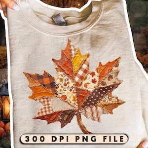 May include: A beige crewneck sweatshirt featuring a large, central maple leaf graphic composed of various fabric-style patches in shades of orange, brown, and cream, with visible stitched edges and the text 300 DPI PNG FILE at the bottom.