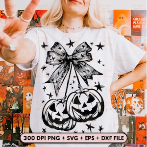 May include: White t-shirt with a black and white illustration of a bow and two carved pumpkins, with star details. The text "300 DPI PNG + SVG + EPS + DXF FILE" is at the bottom. A Halloween design.