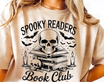Spooky Readers Book Club SVG PNG, Halloween Skull Reading Clipart, Gothic Books and Bats Svg, Horror Bookish Shirt Art, Book Lover Svg