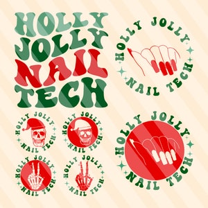 Op de afbeelding: Een verzameling vakantie-thema nail art ontwerpen. De ontwerpen bevatten de tekst "Holly Jolly Nail Tech" in groen en rood, samen met afbeeldingen van nagels, schedels met kerstmutsen en skelet handen.