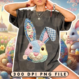 Easter Patchwork Bunny PNG, Vintage Floral Rabbit Face Illustration, Cottagecore Spring Quilt Style Easter Shirt Design