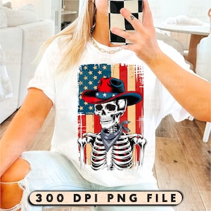 Patriotic Cowboy Skeleton PNG, 4th of July Skull with American Flag, Western Png, Independence Day PNG for T-Shirt, Digital Download