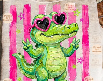 Cute Preppy Alligator PNG File, Pink Stripe Girly Crocodile Shirt Design, Trendy Summer Aesthetic Graphic, Trendy Summer Png