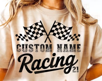 Diseño SVG PNG de carreras con nombre personalizado, gráfico de banderas a cuadros para sublimación, archivo editable de deportes de motor, Svg de mamá de carreras, Svg de jugador de carreras