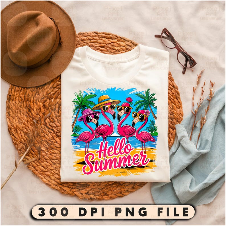 May include: A white t-shirt with a graphic of four pink flamingos wearing sunglasses and hats on a beach with palm trees and the text "Hello Summer".
