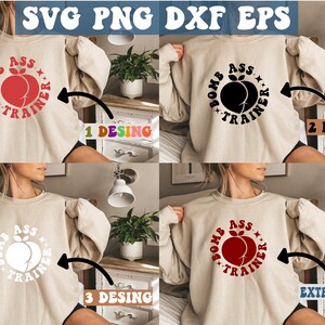 May include: Four images of a beige sweatshirt with a peach graphic and the text "Bomb Ass Trainer" in a circle. The peach graphic is red in the first image, black in the second image, white in the third image, and red in the fourth image. The text is white in the first image, black in the second image, white in the third image, and white in the fourth image.