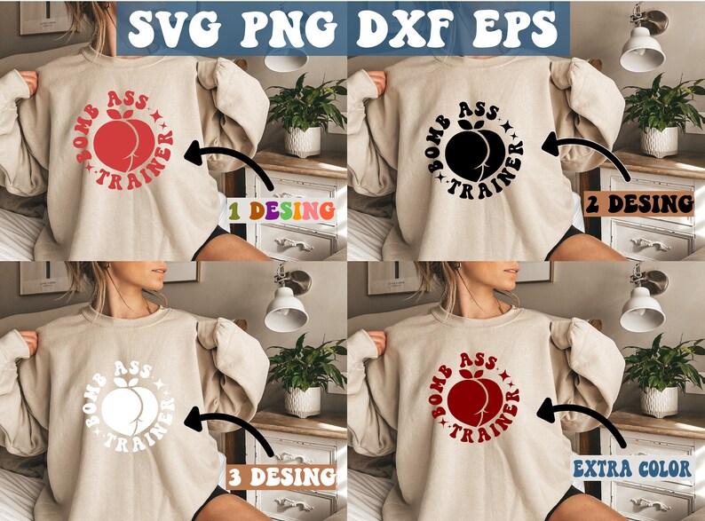 May include: Four images of a beige sweatshirt with a peach graphic and the text "Bomb Ass Trainer" in a circle. The peach graphic is red in the first image, black in the second image, white in the third image, and red in the fourth image. The text is white in the first image, black in the second image, white in the third image, and white in the fourth image.