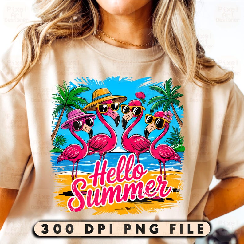 May include: A digital design featuring four pink flamingos wearing sunglasses and hats on a beach with palm trees and the text "Hello Summer".