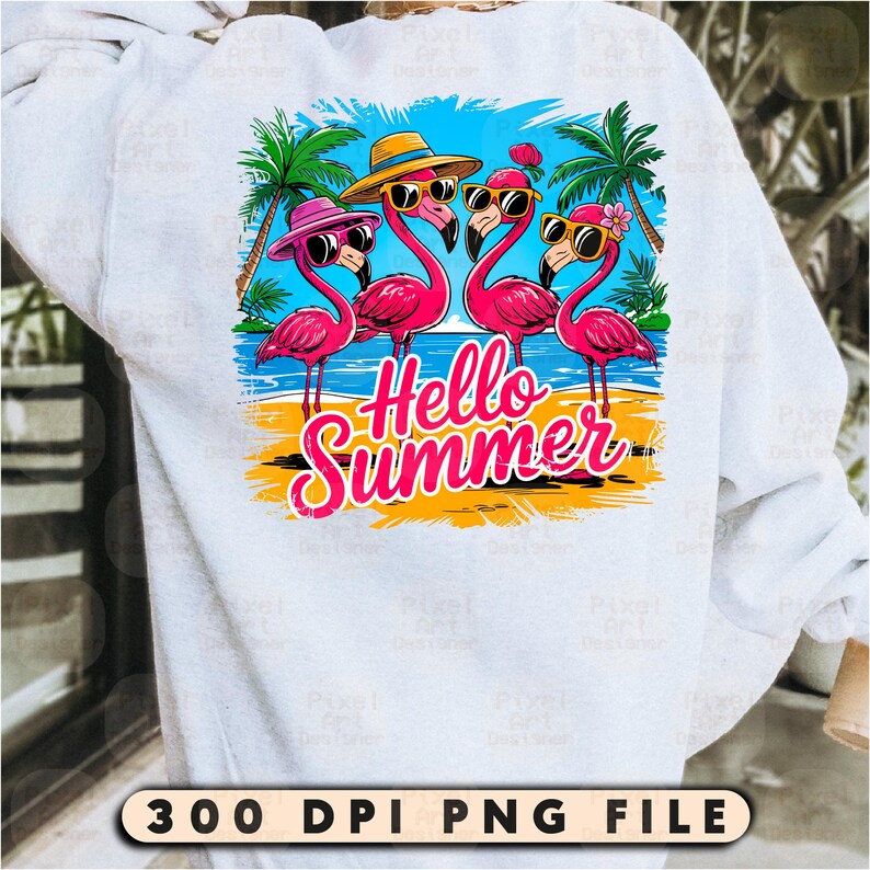 May include: A white sweatshirt with a graphic design of four pink flamingos wearing sunglasses and hats. The flamingos are standing on a beach with palm trees and the text "Hello Summer".