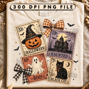 May include: A cream-colored t-shirt featuring a graphic print of four vintage-style postage stamps with Halloween themes: a jack-o'-lantern in a witch hat, a haunted house, a ghost, and a black cat, accented by two plaid bows and text 300 DPI PNG FILE.