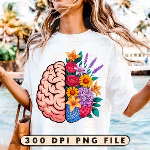 Brain Art with Flowers PNG, ABA Therapist Sublimation, Autism Awareness Png, Neurodiversity Clipart, Mental Health Awareness PNG