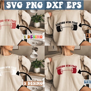 May include: Four images of a person wearing a beige sweatshirt with the text "Resting Gym Face" and a barbell with weights on each side. The text and barbell are in different colors in each image: red, black, white, and red.