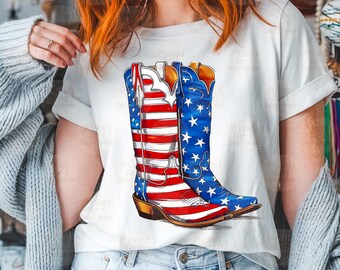 Cowboy Boots PNG, Patriotic Western Boots Sublimation, 4th of July American Flag Country Shirt Design, Red White Blue Boots Png, Country Png