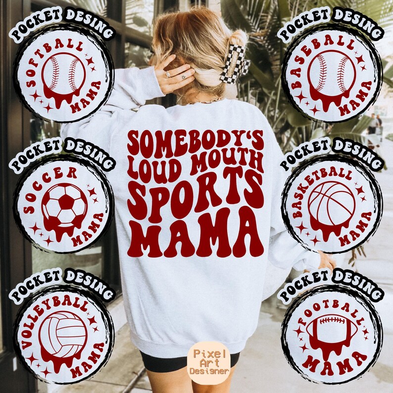 May include: White sweatshirt with red text that says "Somebody's Loud Mouth Sports Mama".  The sweatshirt has seven different sports-themed patches on the sleeves and bottom hem. The patches are black and white with red sports balls and the words "Pocket Desing" and "Mama".