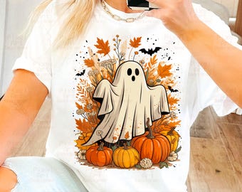 Fall Ghost PNG, Autumn Leaves Pumpkin and Ghost Png, Halloween Sublimation Design, Cute Ghost Halloween Png, Fall Season, Pumpkins Clipart